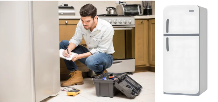 Appliance repair expert fixing fridge for customer in Oshawa